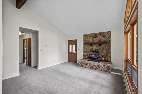 Empty room, Fireplace, Interior, Stone Walls, Wooden Beams