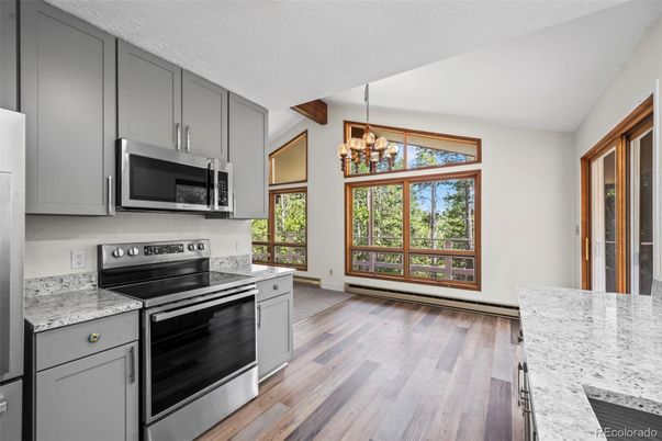 Chandelier, Interior, Kitchen, Pendant Lights, Wooden Beams, Wood Texture Flooring