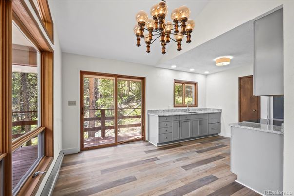Chandelier, Interior, Kitchen, Recessed Lighting, Wood Texture Flooring