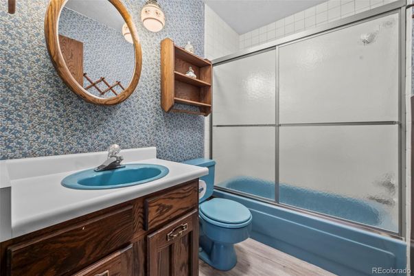 Bathroom, Glass Shower, Interior, Wood Texture Flooring