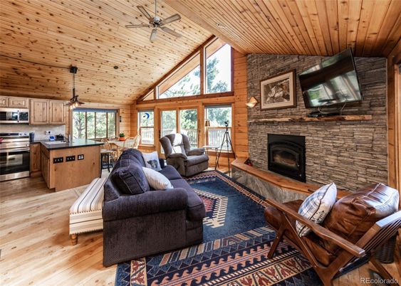Fireplace, Interior, Kitchen, Living room, Pendant Lights, Stainless Steel Appliances, Stone Walls, Wooden Ceilings, Wood Texture Flooring, Wooden Walls