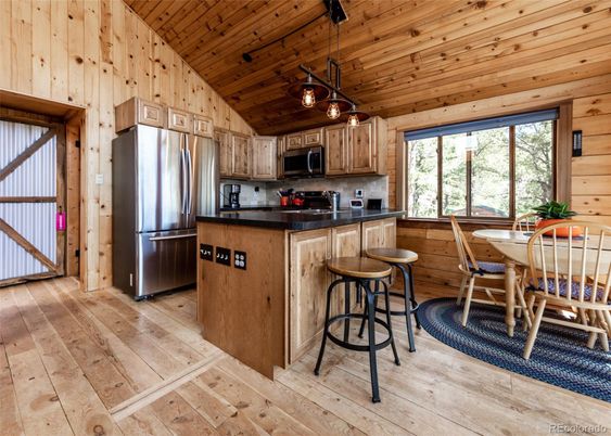 Dining room, Interior, Kitchen, Pendant Lights, Stainless Steel Appliances, Wooden Ceilings, Wood Texture Flooring, Wooden Walls