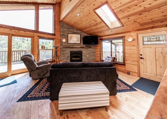 Fireplace, Interior, Living room, Recessed Lighting, Stone Walls, Wooden Ceilings, Wood Texture Flooring, Wooden Walls