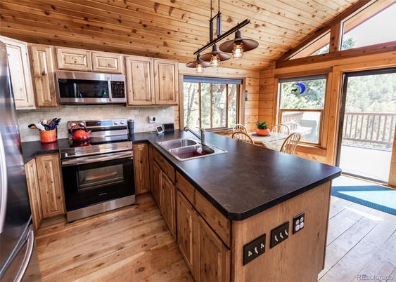 Interior, Kitchen, Pendant Lights, Stainless Steel Appliances, Wooden Ceilings, Wood Texture Flooring, Wooden Walls
