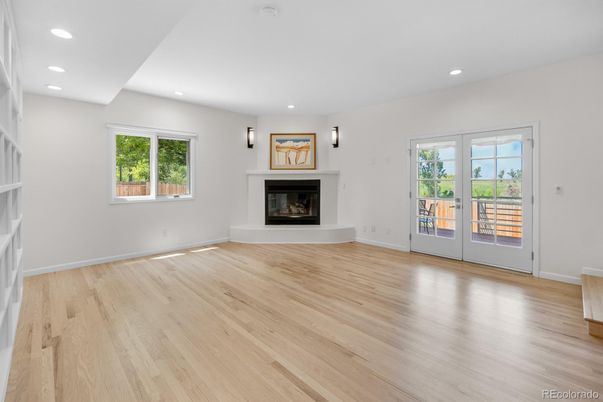 Empty room, Fireplace, Interior, Recessed Lighting, Wood Texture Flooring