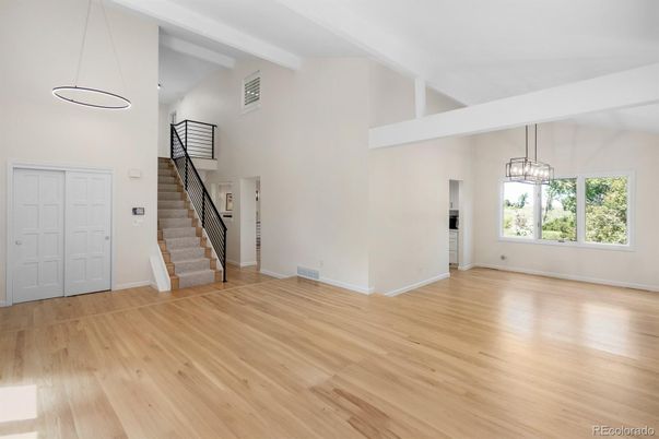 Empty room, Interior, Pendant Lights, Wood Texture Flooring