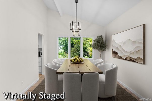Dining room, Interior, Pendant Lights, Wood Texture Flooring