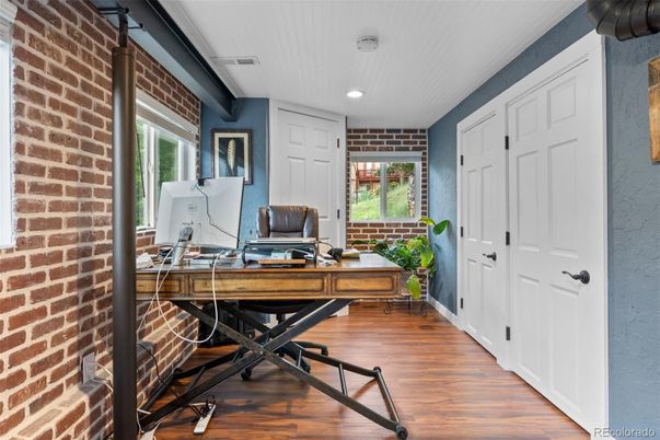 Home Office, Interior, Recessed Lighting, Stone Walls, Wood Texture Flooring