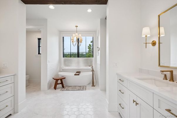 Bathroom, Chandelier, Free Standing Baths, Interior, Marble, Recessed Lighting