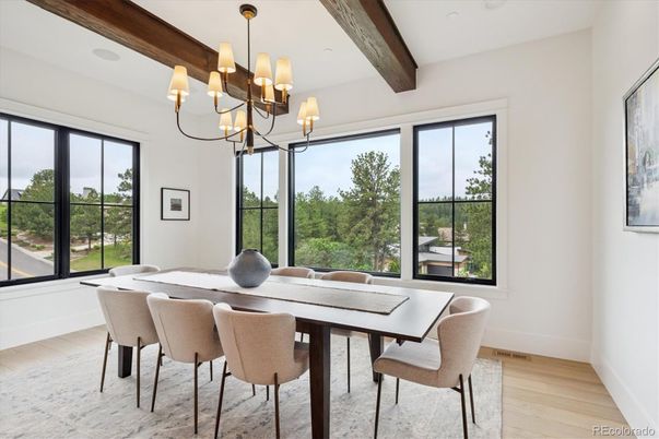 Chandelier, Dining room, Interior, Wooden Beams, Wood Texture Flooring