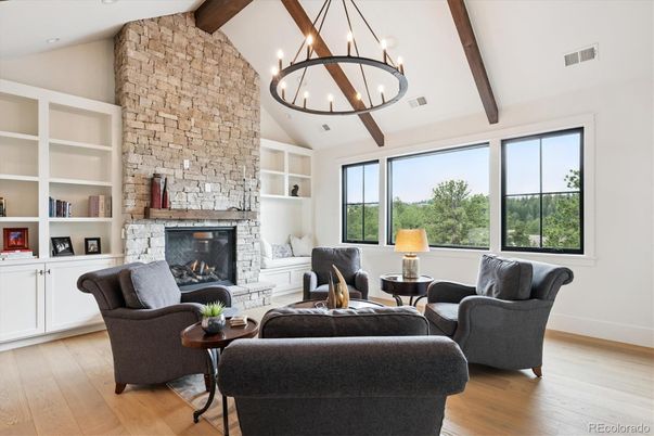 Fireplace, Interior, Living room, Stone Walls, Wooden Beams, Wood Texture Flooring