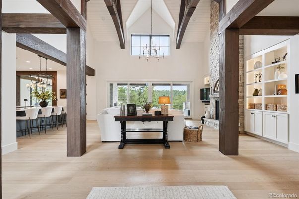 Fireplace, Interior, Pendant Lights, Wooden Beams, Wood Texture Flooring