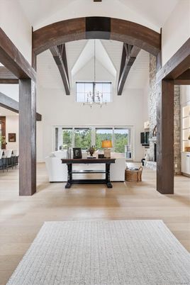 Fireplace, Interior, Living room, Pendant Lights, Wooden Beams, Wood Texture Flooring