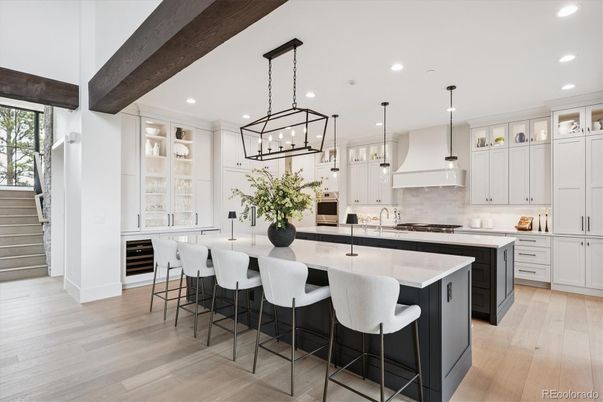 Interior, Kitchen, Pendant Lights, Recessed Lighting, Wooden Beams, Wood Texture Flooring
