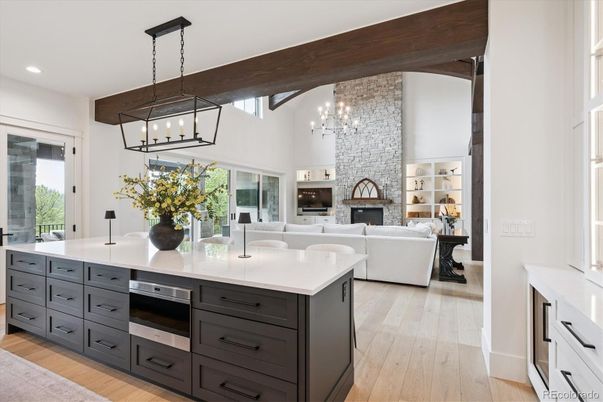 Fireplace, Interior, Living room, Pendant Lights, Recessed Lighting, Wood Texture Flooring
