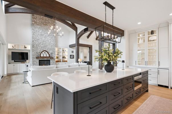 Fireplace, Interior, Kitchen, Living room, Pendant Lights, Recessed Lighting, Wood Texture Flooring