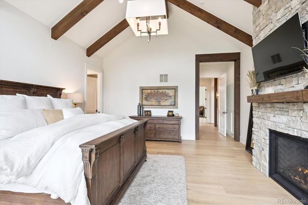 Bedroom, Chandelier, Fireplace, Interior, Wooden Beams, Wood Texture Flooring