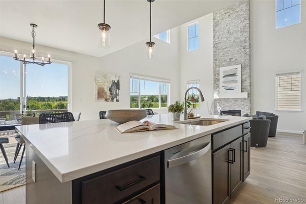 Dining room, Fireplace, Interior, Kitchen, Pendant Lights, Stainless Steel Appliances, Wood Texture Flooring