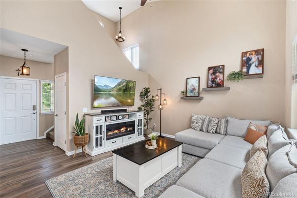 Fireplace, Interior, Living room, Pendant Lights, Wood Texture Flooring