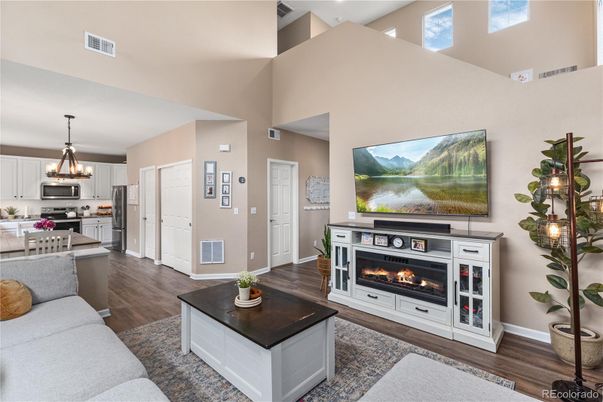 Dining room, Fireplace, Interior, Kitchen, Living room, Pendant Lights, Wood Texture Flooring