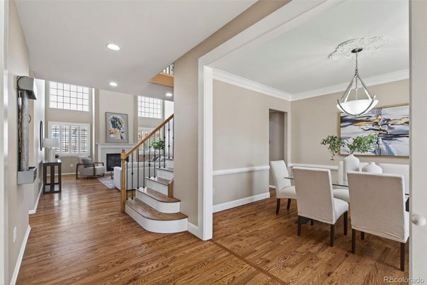 Dining room, Fireplace, Interior, Pendant Lights, Recessed Lighting, Wood Texture Flooring