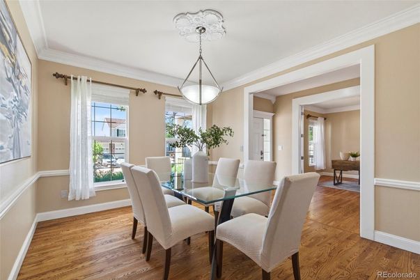 Dining room, Interior, Pendant Lights, Wood Texture Flooring