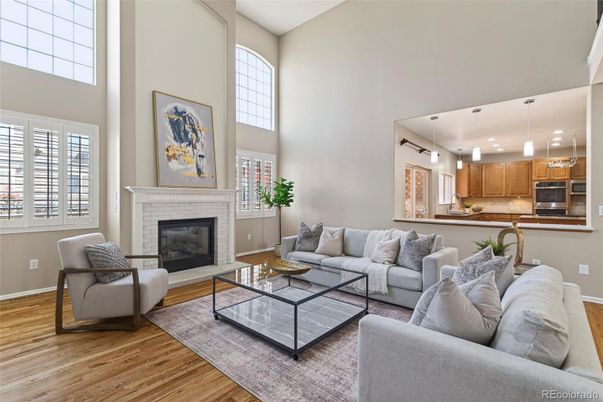 Fireplace, Interior, Kitchen, Living room, Pendant Lights, Recessed Lighting, Wood Texture Flooring