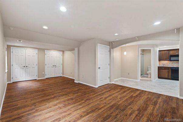 Empty room, Interior, Kitchen, Pendant Lights, Recessed Lighting, Wood Texture Flooring