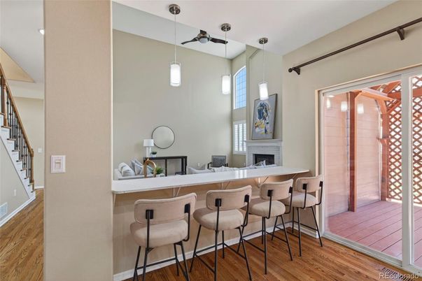 Fireplace, Interior, Pendant Lights, Wood Texture Flooring