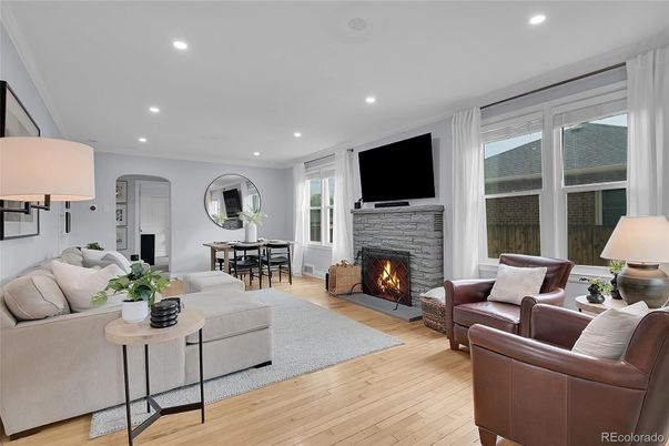 Dining room, Fireplace, Interior, Living room, Recessed Lighting, Wood Texture Flooring