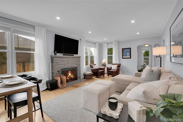 Dining room, Fireplace, Interior, Living room, Recessed Lighting, Wood Texture Flooring