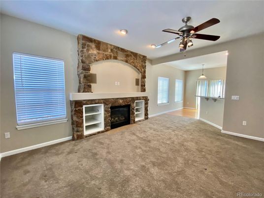 Empty room, Fireplace, Interior, Pendant Lights, Recessed Lighting, Stone Walls