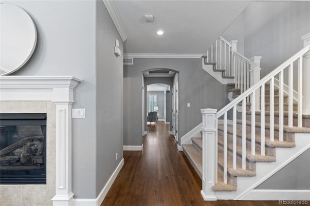 Fireplace, Interior, Recessed Lighting, Wood Texture Flooring