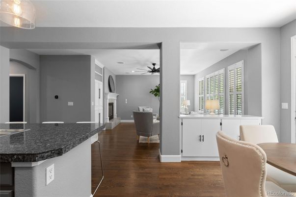 Dining room, Fireplace, Interior, Recessed Lighting, Wood Texture Flooring