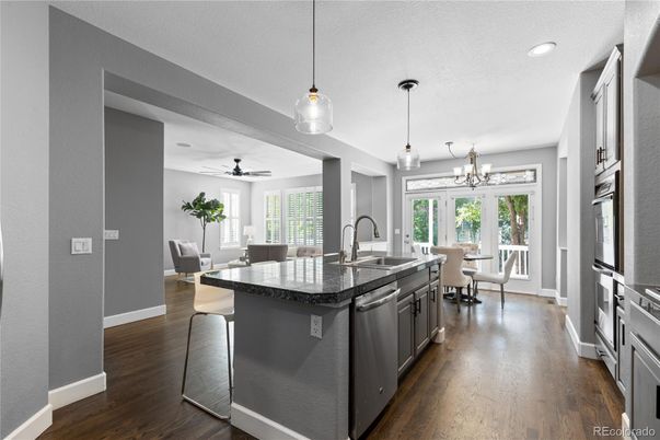 Dining room, Interior, Kitchen, Pendant Lights, Recessed Lighting, Wood Texture Flooring