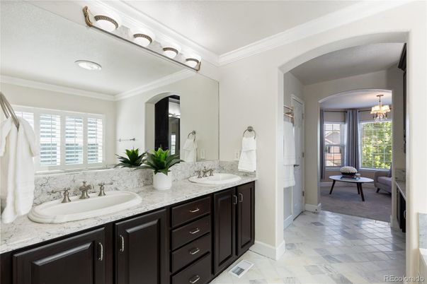 Bathroom, Chandelier, Dual Sink Vanities, Interior, Marble