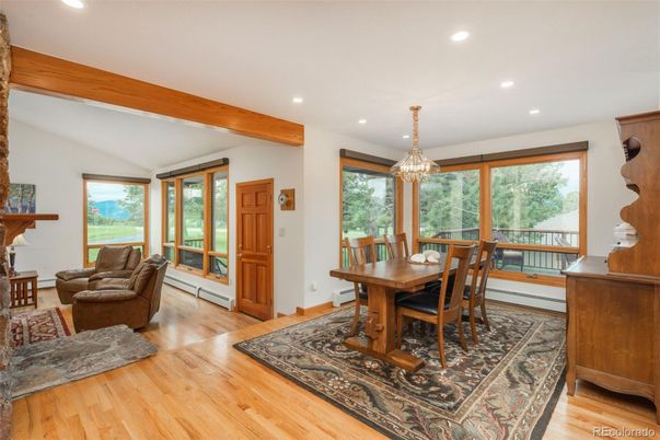 Dining room, Interior, Recessed Lighting, Wooden Beams, Wood Texture Flooring