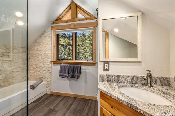 Bathroom, Glass Shower, Interior, Recessed Lighting, Wood Texture Flooring