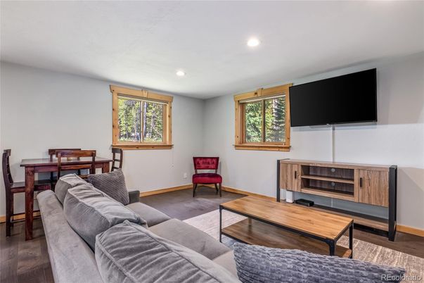 Dining room, Interior, Living room, Recessed Lighting, Wood Texture Flooring