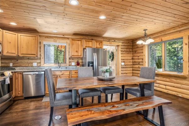 Dining room, Interior, Kitchen, Pendant Lights, Recessed Lighting, Stainless Steel Appliances, Wooden Ceilings, Wood Texture Flooring, Wooden Walls