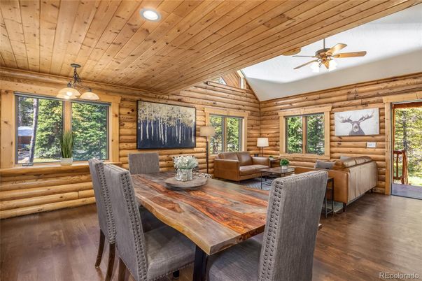 Dining room, Interior, Living room, Pendant Lights, Recessed Lighting, Wooden Ceilings, Wood Texture Flooring, Wooden Walls