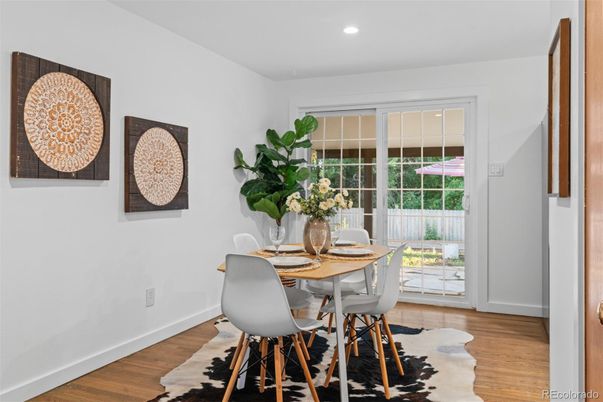 Dining room, Interior, Recessed Lighting, Wood Texture Flooring
