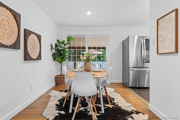 Dining room, Interior, Kitchen, Recessed Lighting, Stainless Steel Appliances, Wood Texture Flooring