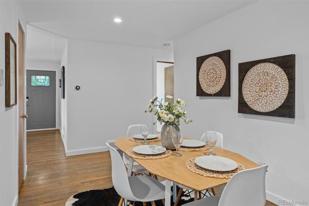 Dining room, Interior, Recessed Lighting, Wood Texture Flooring