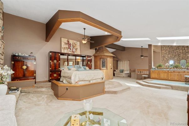 Bedroom, Fireplace, Interior, Recessed Lighting, Stone Walls