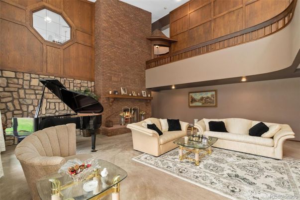 Fireplace, Interior, Living room, Piano, Recessed Lighting, Stone Walls