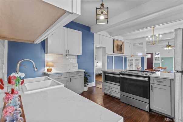 Interior, Kitchen, Pendant Lights, Stainless Steel Appliances, Wood Texture Flooring