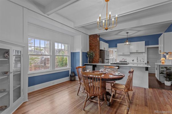 Dining room, Interior, Kitchen, Pendant Lights, Stainless Steel Appliances, Wood Texture Flooring