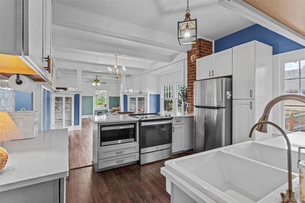 Interior, Kitchen, Pendant Lights, Stainless Steel Appliances, Wood Texture Flooring
