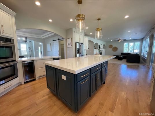 Interior, Kitchen, Pendant Lights, Recessed Lighting, Stainless Steel Appliances, Wood Texture Flooring